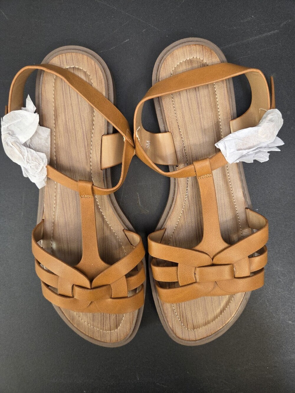 Women's New  Light Brown Flat Sandals With Ankle Strap Size 8M